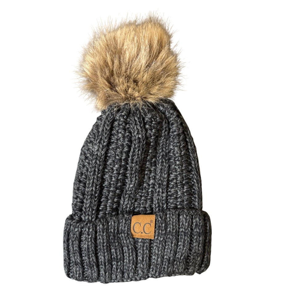 C.C. Exclusives Gray Ribbed Knit Beanie Faux‎ Fur Pom Pom Winter Hat
